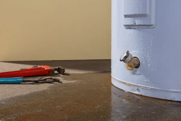 An Image of a white water heater leaking